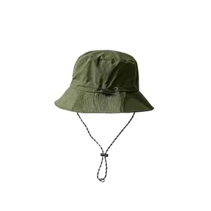 Detailed view of dark green quick-dry waterproof bucket hat with adjustable chin strap