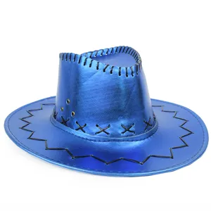 Macro view of a metallic blue western cowboy hat featuring black decorative stitching detail