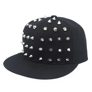 Black hip-hop snapback cap with silver metal cone rivets and flat brim design.
