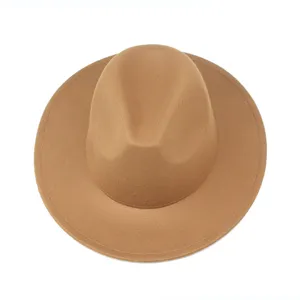 Top-down view showing the flat brim and textured felt of a classic tan fedora hat