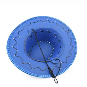 Detailed top view of a bright blue glossy western cowboy hat with black lacing details