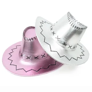 Close-up of metallic pink and silver cowboy hats with zigzag stitching details