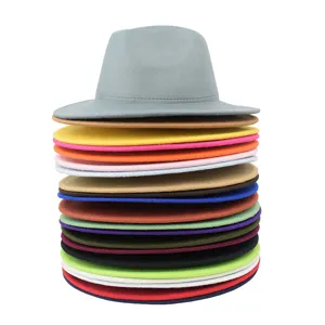 Detail view showing a vertical stack of colorful felt fedora hats in various vibrant shades