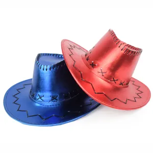 Pair of metallic red and blue western cowboy hats with stitched details for parties.