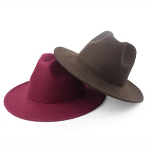 Burgundy and chocolate brown felt fedora hats shown together on a white background
