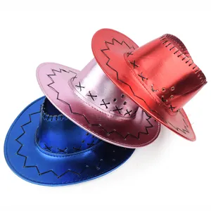 Three metallic shiny western cowboy hats in red, pink, and blue stacked on white