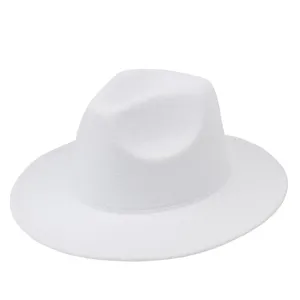 Detailed side view of a solid white felt fedora hat featuring a classic flat wide brim
