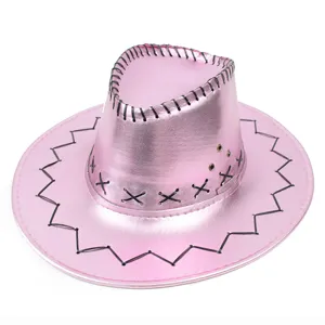 Detailed close-up of a shiny pink metallic western cowboy hat with black stitching details