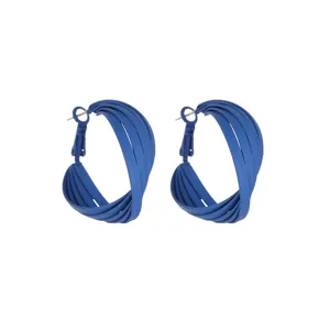 Detail of matte blue multi-layer hoop earrings with elegant ribbed texture design