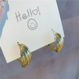 Detailed macro view of elegant gold multi-layered textured hoop earrings on a white card
