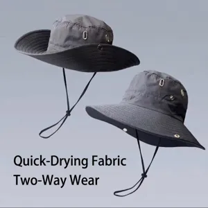 Grey men's quick-dry outdoor bucket sun hat with adjustable chin strap and dual-wear style