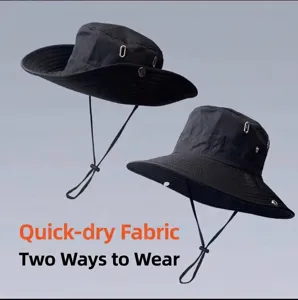 Detail view of black waterproof quick-dry sun hat showing two different wearing styles