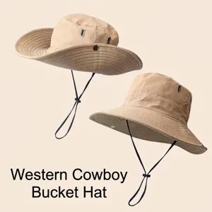 Outdoor waterproof quick-dry bucket hat shown in two styles with adjustable chin strap