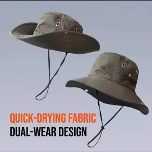Detailed dual-view of olive green quick-dry boonie hat with adjustable chin strap