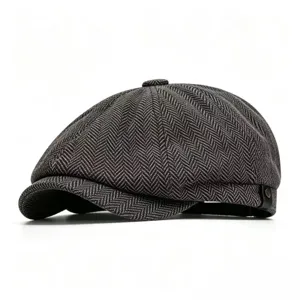 Classic retro herringbone newsboy cap for men in grey and black textured wool-like fabric