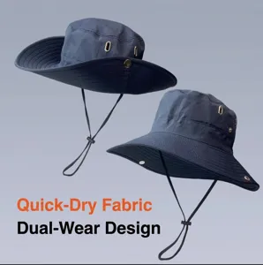 Navy blue quick-dry outdoor bucket hat showing dual wear styles with chin strap
