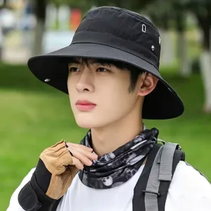 Detail of a men's waterproof quick-dry bucket hat for hiking and fishing with UV protection.