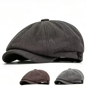 British Retro Herringbone Newsboy Cap For Men Vintage Cotton Octagonal Baker Boy Hat Distressed Classic Flat Cap Accessory