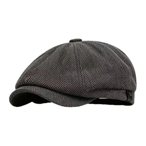 Vintage grey herringbone newsboy cap for men British style eight-panel baker boy hat