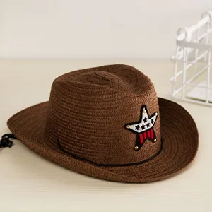Chapeau de paille cowboy marron foncé pour enfants avec emblème étoile et jugulaire