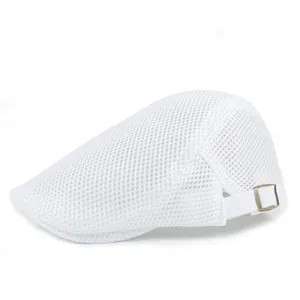 Adjustable breathable white mesh flat cap beret with hollow design for outdoor use