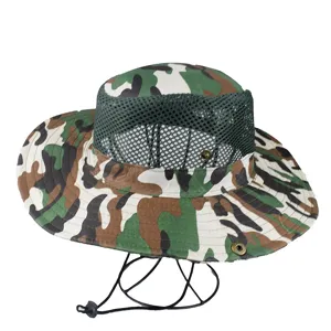 Close-up of a camouflage bucket hat with breathable mesh panel and adjustable chin strap.