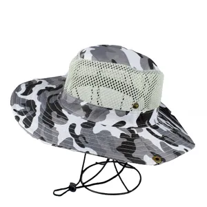 White and grey camouflage sun hat with breathable mesh and an adjustable strap