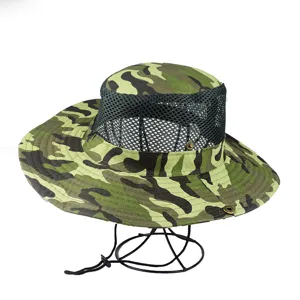 Detailed view of camouflage outdoor fishing hat featuring breathable mesh ventilation layers