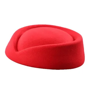 Elegant vintage style solid red wool stewardess pillbox hat for women's fashion accessory