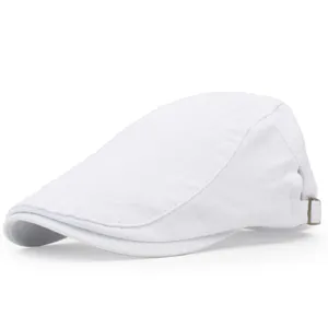 Side view of a classic white cotton flat cap with an adjustable metal buckle
