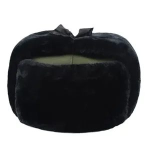 Thickened black winter earflap hat with faux fur lining and dark green fabric top