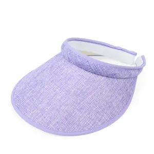 Macro view of purple linen sun visor showing fine weave and open top design for summer