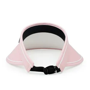 Rear view of pink sun visor hat showing adjustable buckle strap for secure fit.