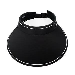 Detailed view of black wide-brim sun visor with white piping and an elastic strap