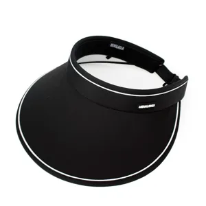 Detail view of black sun visor hat with white trim and a wide protective brim.