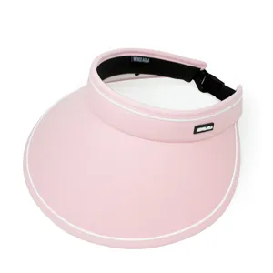 Top view of baby pink sun visor hat with white piping and adjustable strap