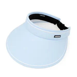 Detailed macro view of light blue sun visor hat showing adjustable strap and brand tag