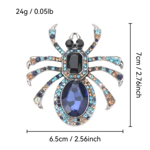Broche araignée en strass avec gemmes bleues, mesurant 7x6,5 cm pour costumes.