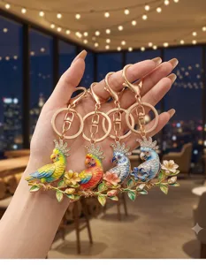 Detail showing four colorful parrot keychains with rhinestones and flower branch