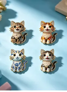 Detailed view of four cute cartoon cat enamel brooches with rhinestones and floral patterns