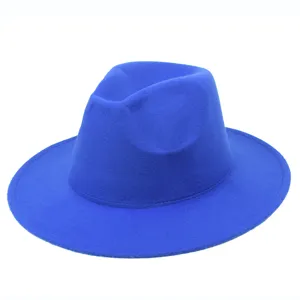 Detailed view of a solid royal blue felt fedora hat with a classic wide flat brim