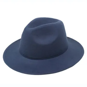 Detailed side view of a navy blue felt fedora hat featuring a classic jazz style design