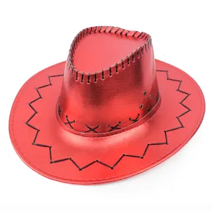 Red metallic shiny western cowboy hat with black decorative stitching detail for performance