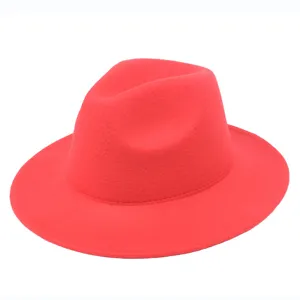 Detailed view of a classic solid red felt fedora hat with wide flat brim and crown