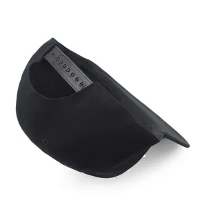 Rear view detail of black snapback cap showing adjustable plastic closure