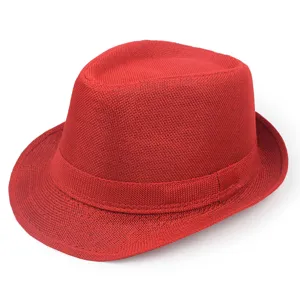 Roter Leinen-Fedora-Hut mit stilvollem Band und geschwungener Krempe für den Sommer.