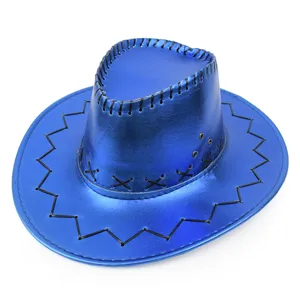 Detailed macro shot of a shiny metallic blue western cowboy hat with black stitching