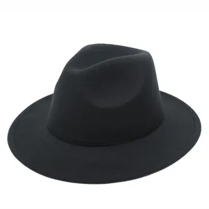 Close-up of a classic black felt fedora hat with a smooth finish and sturdy brim