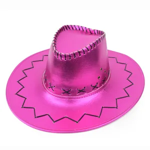 Detailed view of a shiny metallic pink Western cowboy hat with black cross-stitched trim.