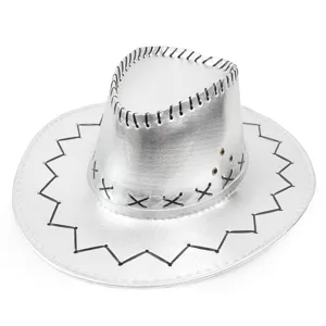 Detailed macro view of a metallic silver western cowboy hat with black decorative stitching.